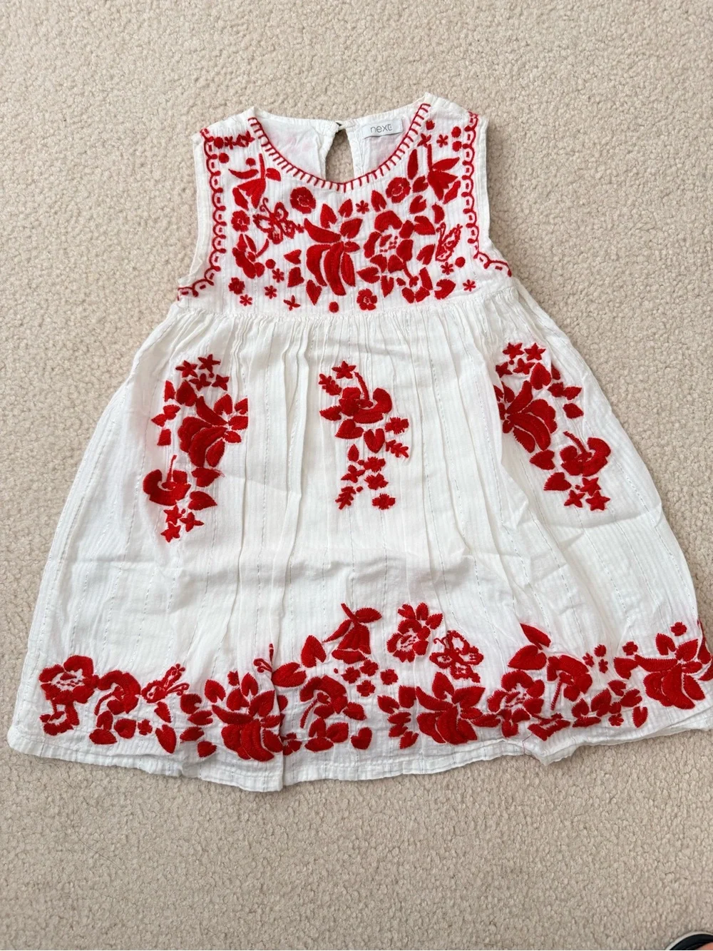 next White Dress with Red Floral Embroidery